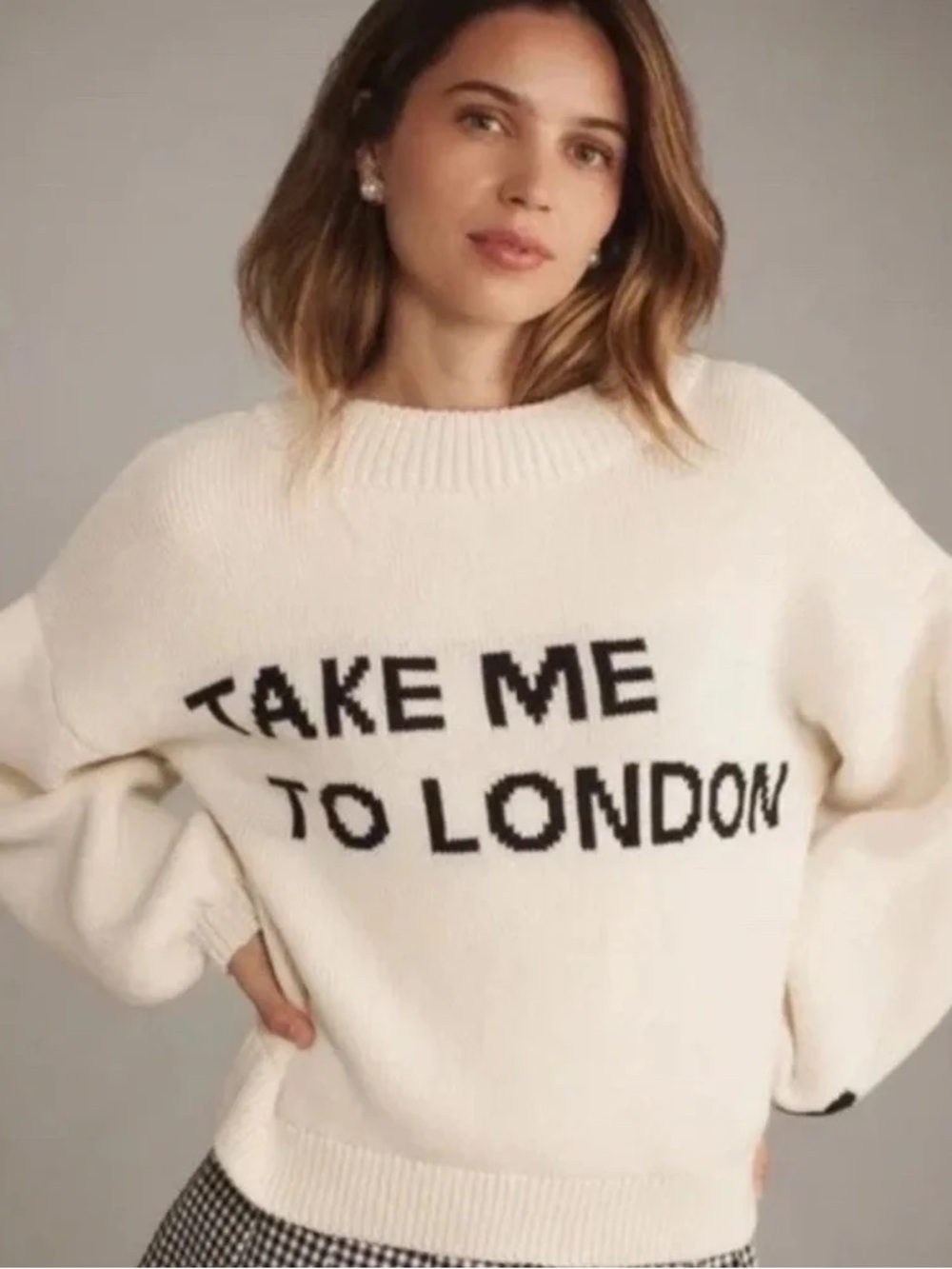 Anthropologie Cream Sweater with Black 'Take Me To London' Graphic